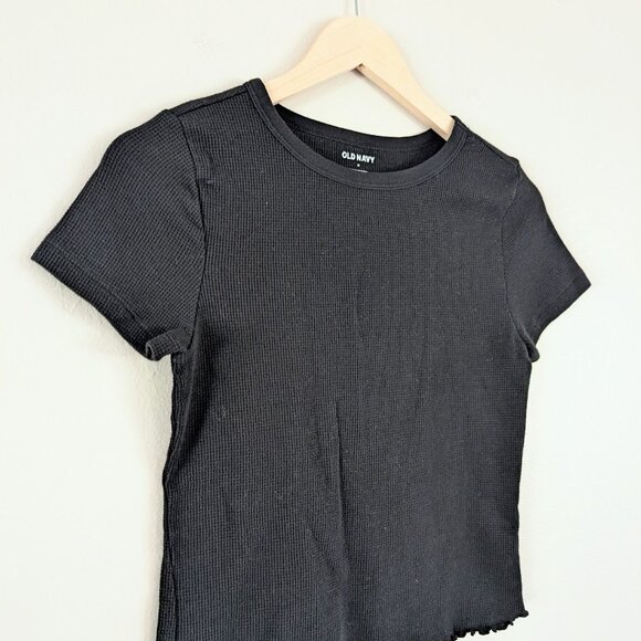 Slim Fit Scallop Hem Waffle Knit Baby Tee Black Crew Neck Cotton Poly Women's M - Picture 4 of 7